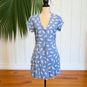 CAPULET “Mabel” Mini Dress – Ginkgo Blue Feather Leaf Print – Size Small